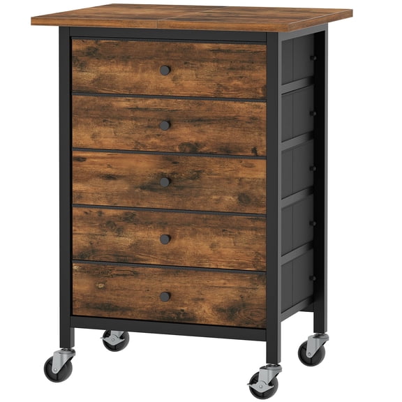 Rustic Brown & Black 5-Drawer Rolling File Cabinet With Wheels, Wood-Grain Finish, Metal Frame For Home Office Storage