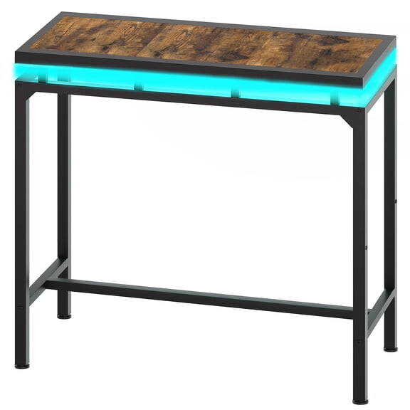 Rustic Brown + Black Bar Table With LED Lights Counter Height Pub Table Metal Frame For Living Room Dining