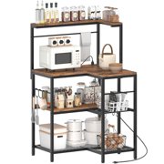 Rustic Brown + Black L-Shaped Corner Bakers Rack with Power Outlet, 4-Tier