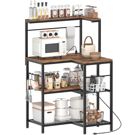 Rustic Brown + Black L-Shaped Corner Bakers Rack with Power Outlet, 4-Tier