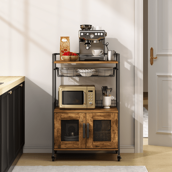 Rustic Brown & Black Rolling Coffee Bar Cabinet with Storage, 3-Tier ...