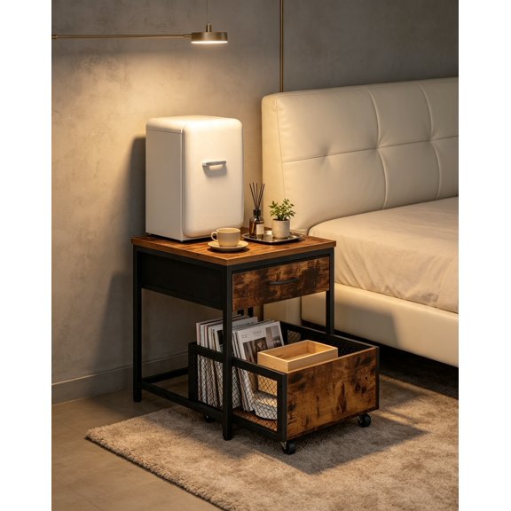 Rustic Brown & Black Square End Table 19.7", Mini Fridge Stand with Mobile Basket Cart, for Living Room, Bedroom