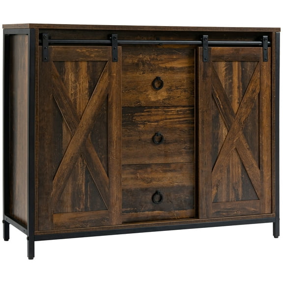 Rustic Brown Buffet Cabinet - Industrial With Sliding Barn Doors, 3 Drawers, Adjustable Shelves For Interior Decoration In Brown, Style Three Drawers And