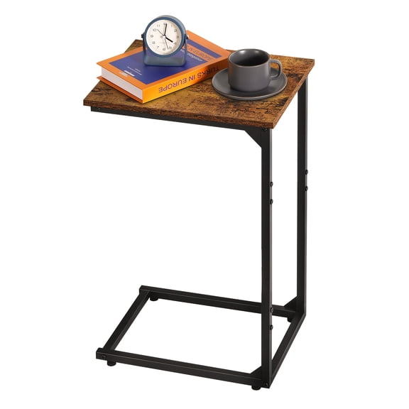 Rustic Brown C-Shaped End Table, Adjustable Height Slide-Under Sofa Side Table, Industrial Snack Table for Living Room, Bedroom, and Small Spaces