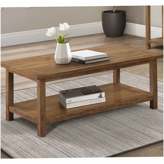 Rustic Brown Coffee Table with Storage Shelf, Castleton Farmhouse Wood Console Table for Living Area