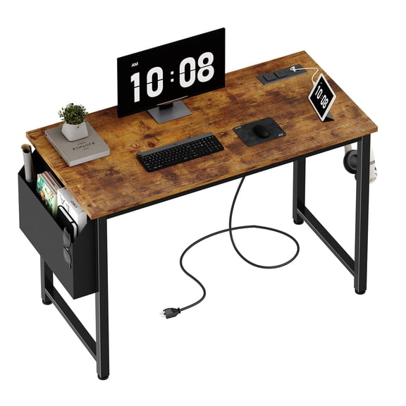 Rustic Brown Computer Desk With Built-In Power Outlet 55 Inch Home Office Study Table Gaming Writing Desk