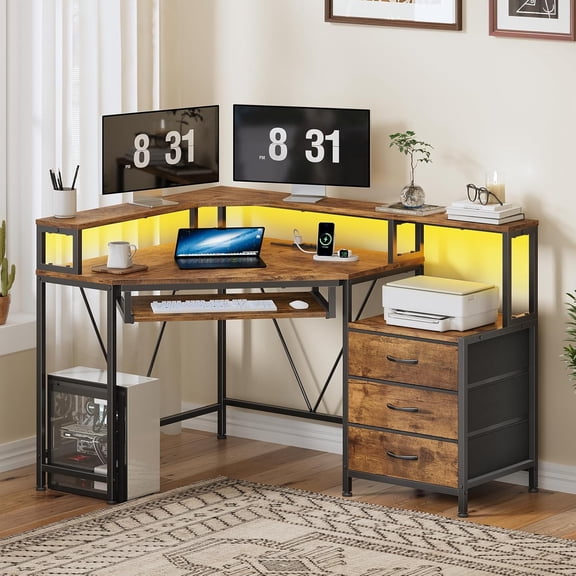 Rustic Brown Corner Desk with Power Outlets, Small Computer Desk with Drawers, Printer Shelf, and LED Lights, Triangle Gaming Desk