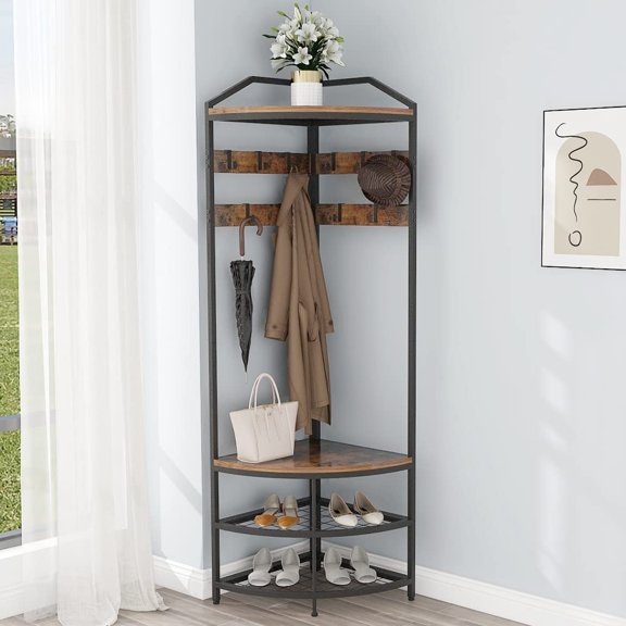 Rustic Brown Corner Hall Tree with Shoe Shelf, 10 Hooks & Top Display