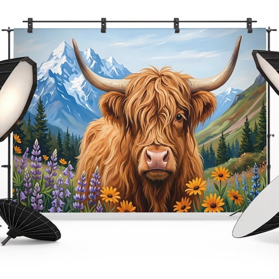 Rustic Brown Cow Backdrops for Photography, Farmhouse Animal Pattern Mountain Flowers Nature Fabric Photo Background Sturdy Studio Props for Photo Studio, Video Recording, Booth & Photoshoot 7x5ft