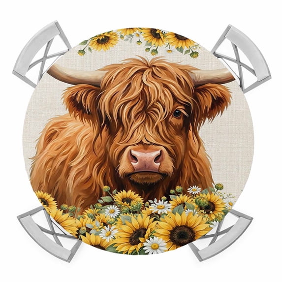 Rustic Brown Cow Round Table Cover, Farmhouse Animal Yellow Sunflower Daisy Country Waterproof Fitted Tablecloths for 36"-44" Tables, Washable Picnic Table Cover for Camping Dining Indoor Outdoor