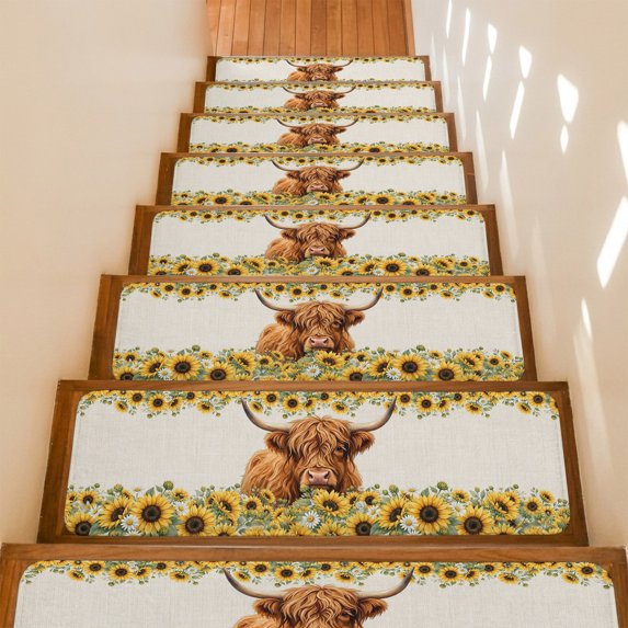 Rustic Brown Cow Stair Treads Non Slip for Steps Farmhouse Yellow Sunflower Daisy Country 7 Pcs Reusable Adhesive Stair Runner Mats for Dogs Elders Carpet Treads Rugs for Staircase 8x30 In