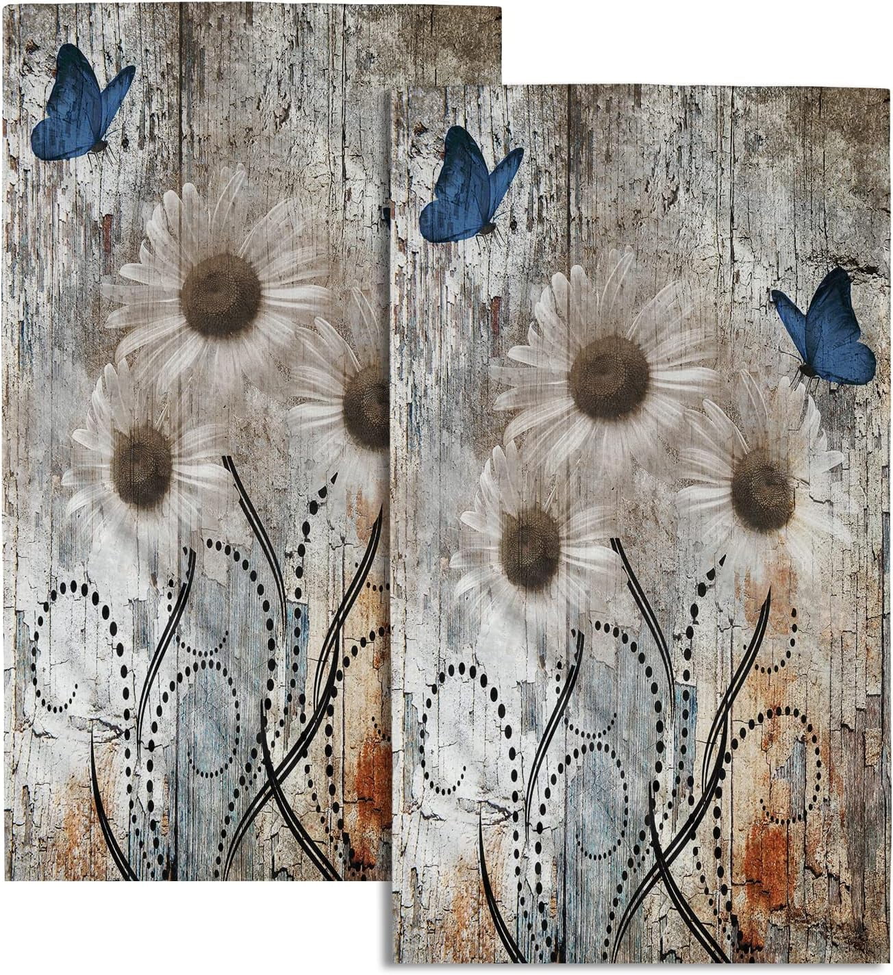 Rustic Brown Daisy Floral Hand Towels for Bathroom Set of 2 Blue ...