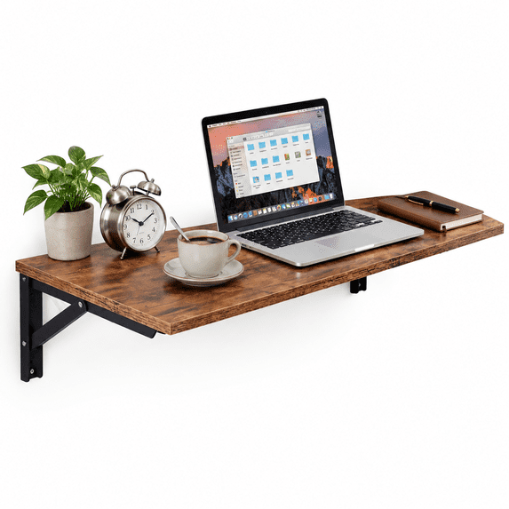 Rustic Brown Desktop & Black Shelf Brackets L36