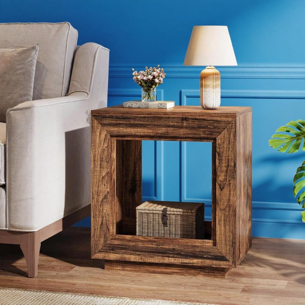 Rustic Brown End Table, 24" Side Table with Storage Shelf, Farmhouse ...