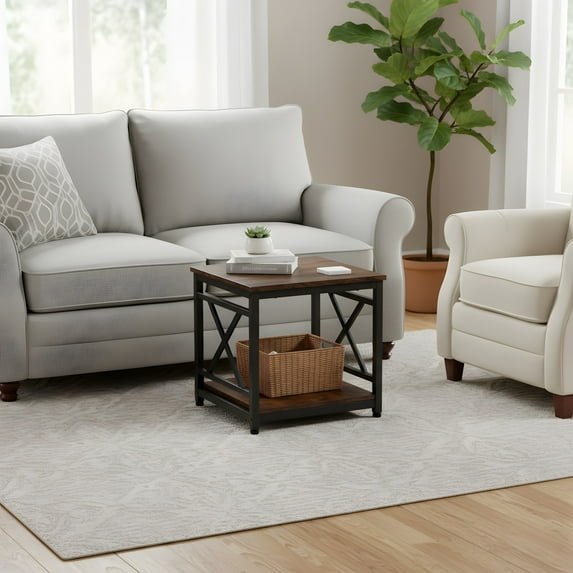 Rustic Brown End Table with Storage Shelf - Industrial Design Nightstand