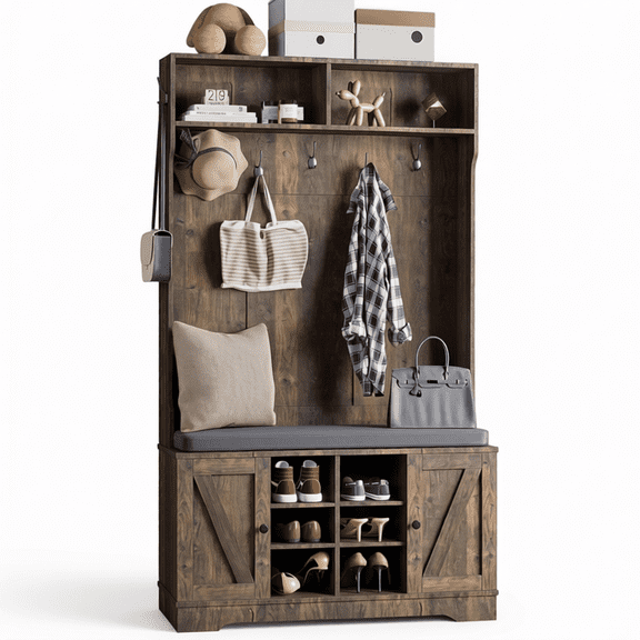 Rustic Brown Entryway Hall Tree with Coat Rack, Shoe Bench with Storage and Cushion, 4-in-1 Mudroom Organizer with Hooks and Open Shelves