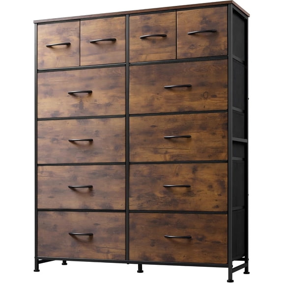 Rustic Brown Entryway Organizer Table, 12 Fabric Drawers, Wooden Top & Metal Frame