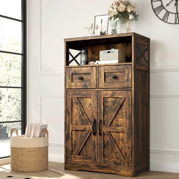 Rustic Brown Farmhouse Storage Cabinet With Barn Doors, 2 Drawers, Open Shelf, Freestanding Pantry Hutch