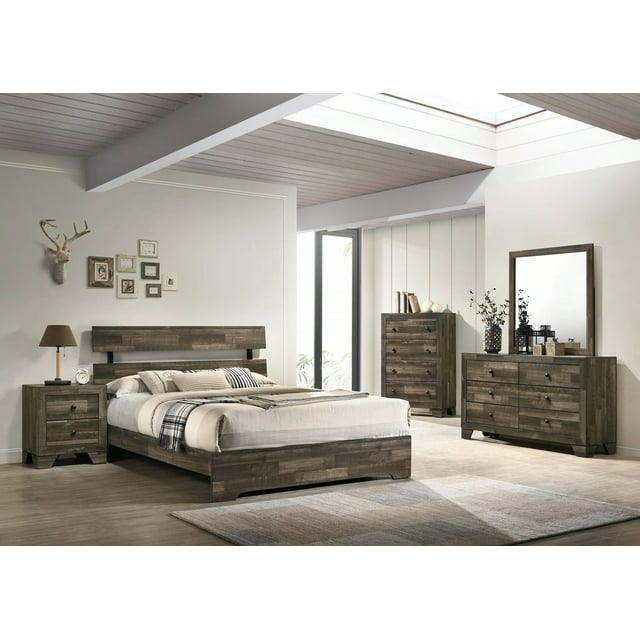 Rustic Brown Finish 4pc Full Size Platform Bedroom Set Bed Dresser Mirror Nightstand