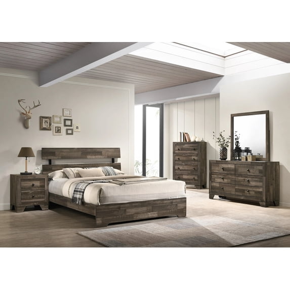 Rustic Brown Finish 4pc Full Size Platform Bedroom Set Bed Dresser Mirror Nightstand