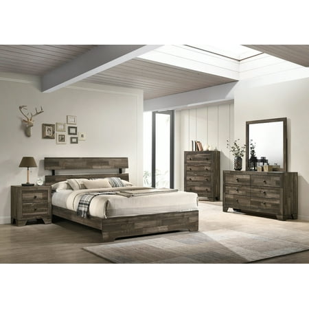 Rustic Brown Finish 4pc Twin Size Platform Bedroom Set Bed Dresser Mirror Nightstand