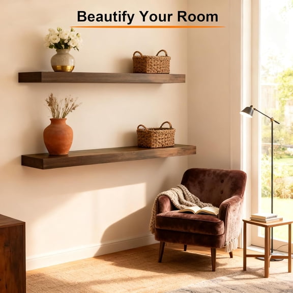 Rustic Brown Floating Shelves - 36 Inch Engineered Wood Wall Mounted Storage Rack, Heavy Duty Farmhouse Decorative Display Shelves for Living Room, Bedroom, Kitchen, Bathroom, Set of 2