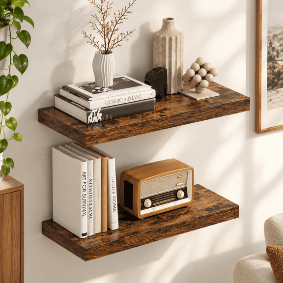 Rustic Brown Floating Shelves, Set of 2, 22.5"W x 8"D, Wall Mount Storage