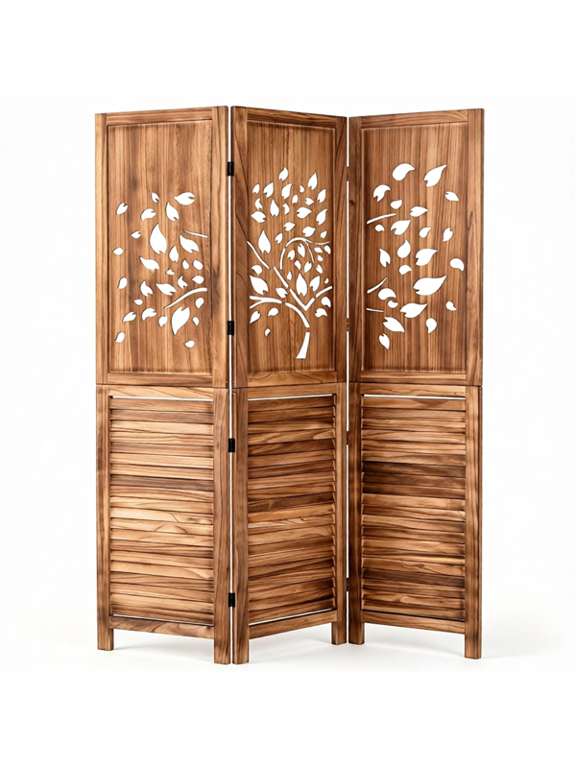 Rustic Brown Folding Room Divider, 3-Panel Artistic Cutout Privacy Screen with Louvered Panel, Lightweight Paulownia Wood Partition Wall for Bedroom Living Room Office