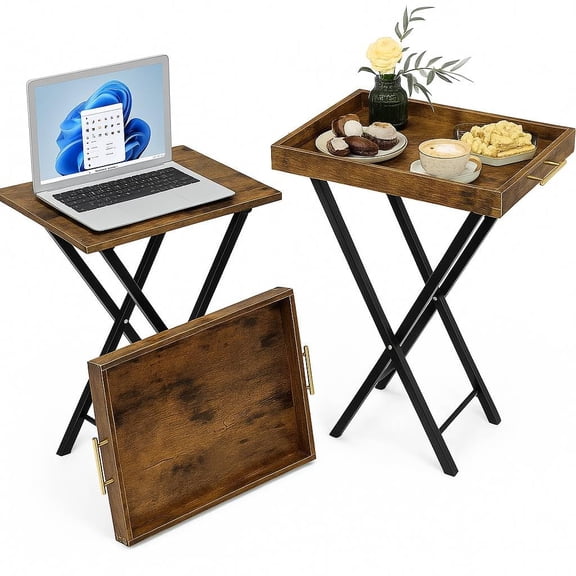 Rustic Brown Folding TV Tray Table Set Of 2 With Removable Wooden Serving Tray