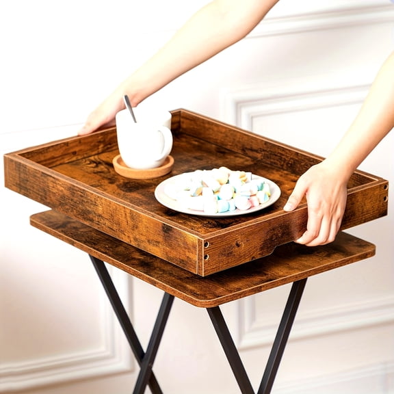 Rustic Brown Folding TV Tray Table with Removable Serving Tray, Stable Portable Snack Table for Small Living Room Spaces