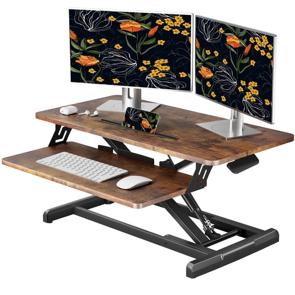 Rustic Brown Height Adjustable Standing Desk Converter With Keyboard Tray