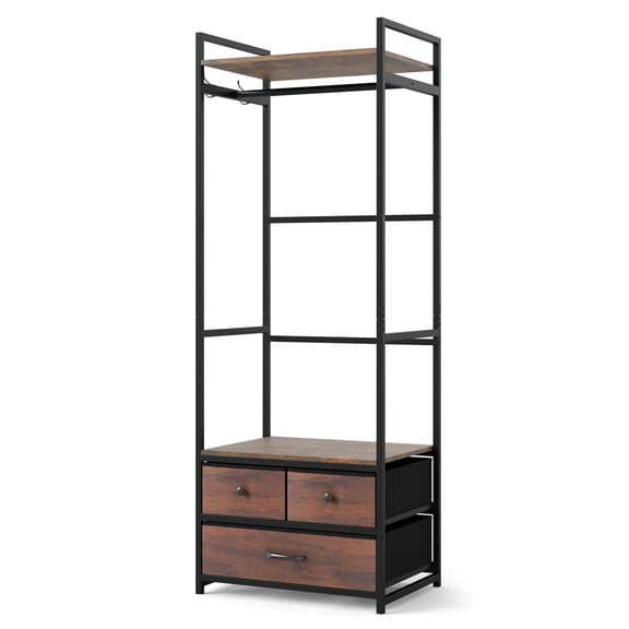 Rustic Brown Industrial Clothes Rack with Top Storage Shelf, Sturdy Hanging Rod, 3 Foldable Fabric Drawers & Side Utility Hooks, Heavy-Duty Metal Frame Garment Organizer with Anti-Fall Baffles & Dual