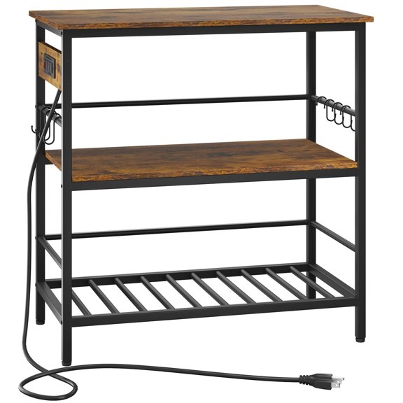 Rustic Brown Kitchen Utility Cart with Power Outlet and Storage Shelves