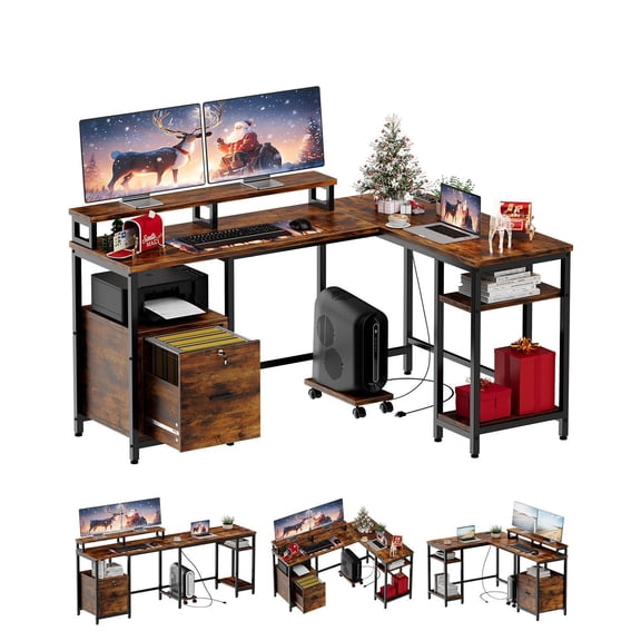 Rustic Brown L-Shaped Computer Corner Desk, Built-in File Drawer, Power Outlet, Dual Monitor Shelf, Printer Storage & Mobile CPU Stand, Home Office Workstation Table