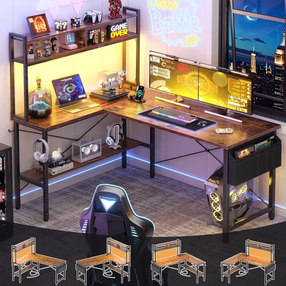 Rustic Brown L-Shaped Gaming Desk With LED Lighting, Shelves & Power
