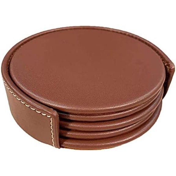 Rustic Brown Leather 4-Round Coaster Set$$Home Decor, Kitchen, & Other