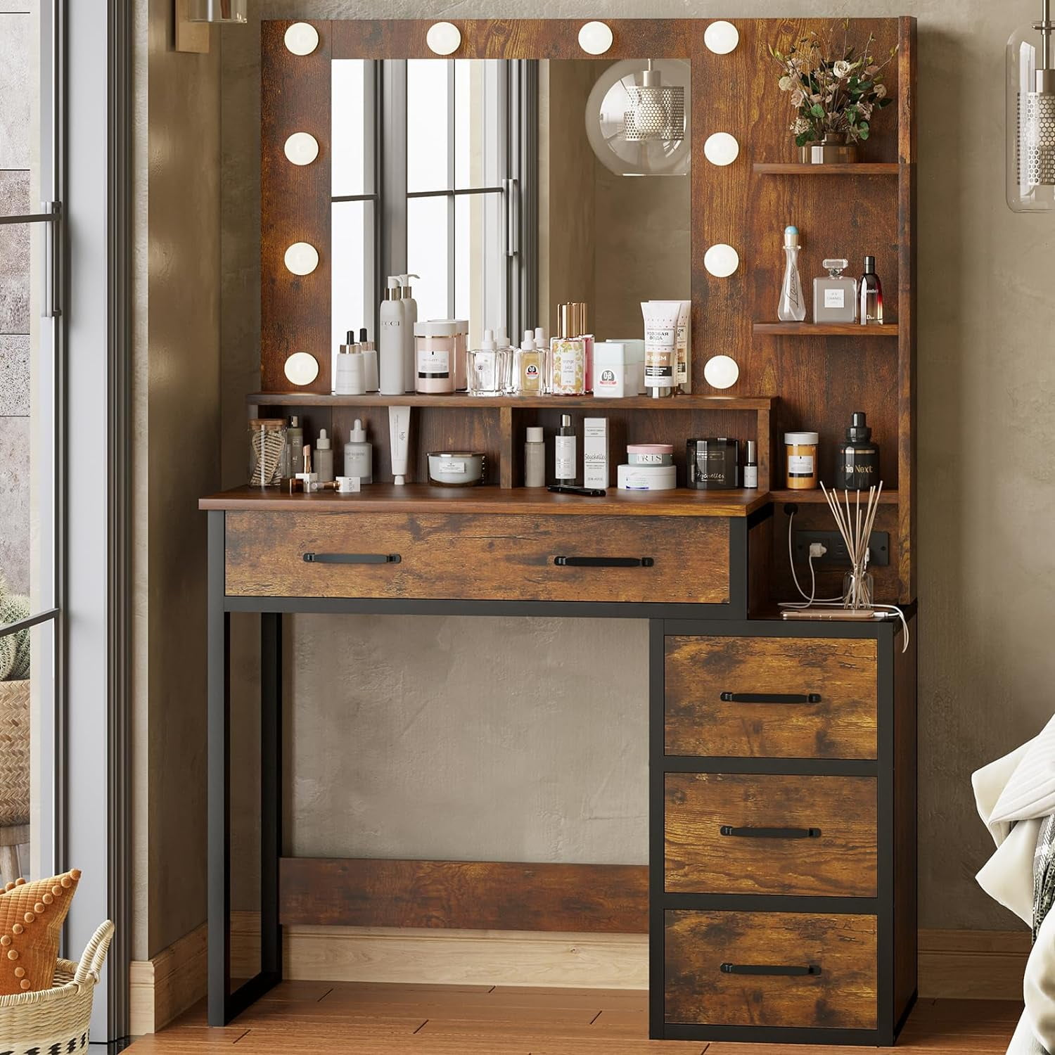 Rustic Brown Makeup Vanity Desk with Large Mirror&Charging Station
