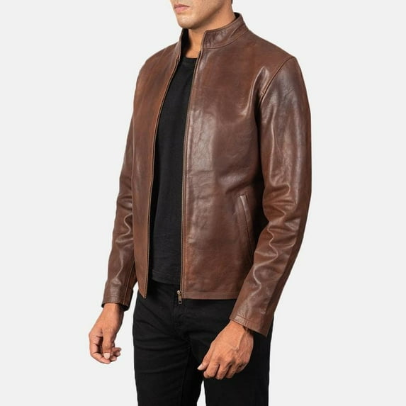 Rustic Brown Mens Leather Jacket | Collar with Unique Style Brown Lambskin Leather Jacket for Men | Formal Leather Jacket