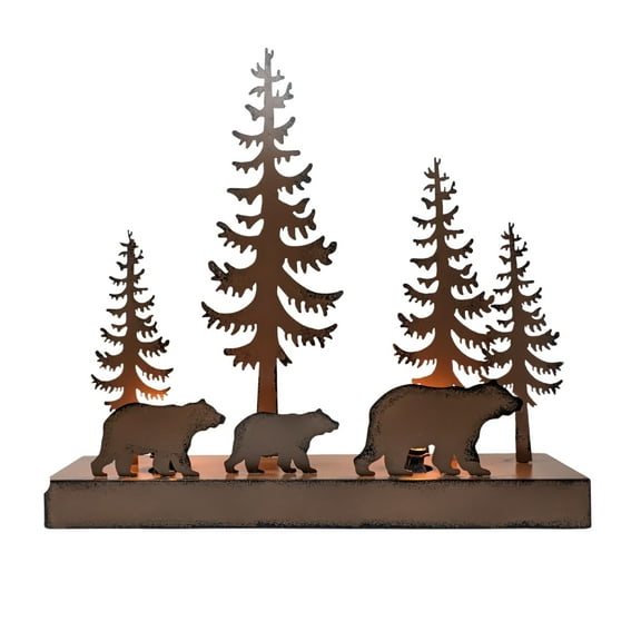 Rustic Brown Metal Bear Forest Silhouette Ambient Light NightStand Table Lamp