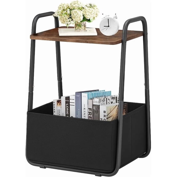 Rustic Brown Metal Frame Nightstand - Small Side Table with Fabric Storage Basket and Handle - Ideal for Bedroom & Living Room & Dorm