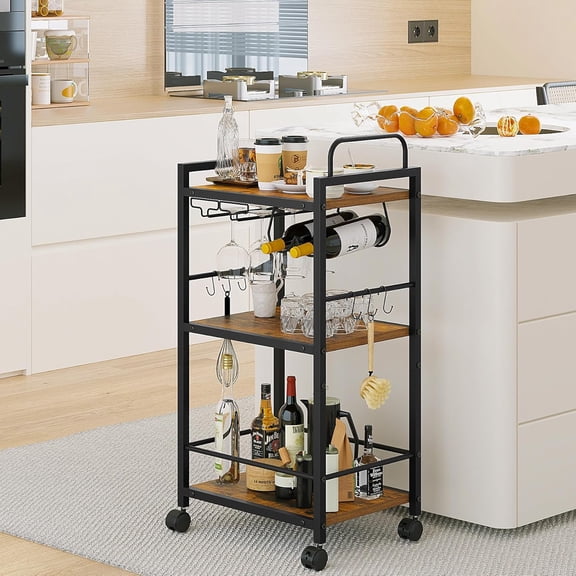 Rustic Brown Mini Bar Cart – 3-Tier Rolling Kitchen & Drink Cart with Wine Rack & Glass Holders, Limited Offer, Compact & Stylish Storage for Home & Dining Room