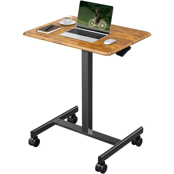 Rustic Brown Mobile Rolling Desk With Wheels Small Standing Laptop Desk Portable Adjustable Height Sit Stand Table Computer Workstation For Home