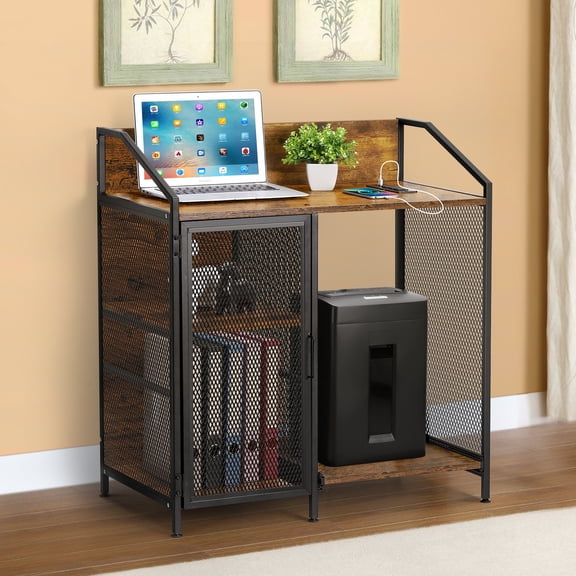 Rustic Brown Office Filing Cabinet with Charging Station, 3Tier Printer Stand with Mesh Doors & PullOut Shredder Rack