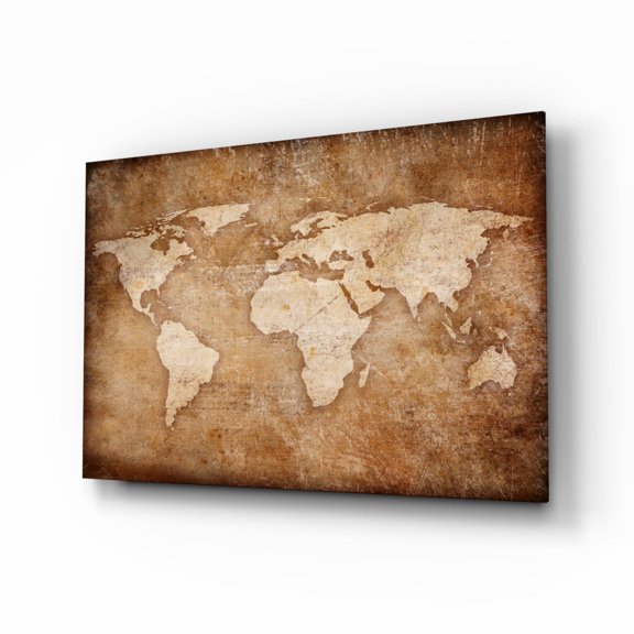 Rustic Brown Parchment World Map Glass Wall Art