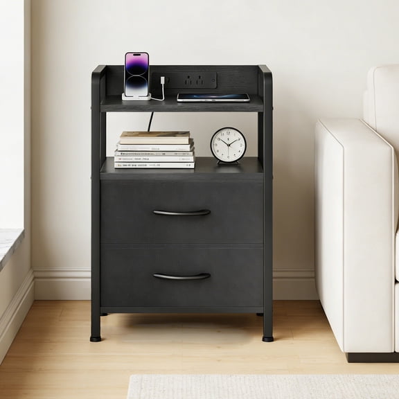 Rustic Brown Patio Side Table with 2 Fabric Drawers, 2-Tier Storage Shelf, Modern Iron Frame End Table for Bedroom, Living Room, Dorm or Small Spaces, Black