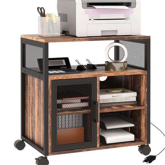 Rustic Brown Printer Desk with AC & USB / Charge Electronics, Store Office Goods