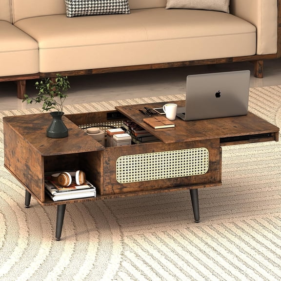 Rustic Brown Rattan Coffee Table with Hidden Storage, 35 x 26 Inches Boho Farmhouse Square Center Table for Living Room