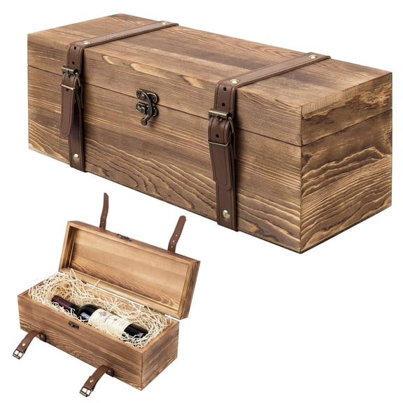 Rustic Brown Reclaimed Wood Wine Gift Box with Locking Latch and Leather Straps