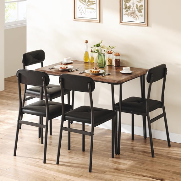 Rustic Brown Rectangular 4-Seater Dining Table Chair Set, Modern Industrial Home Dining Furniture