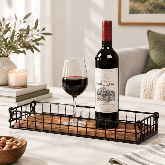 Rustic Brown Rectangular Wooden Serving Tray with Metal Wire Frame Handles